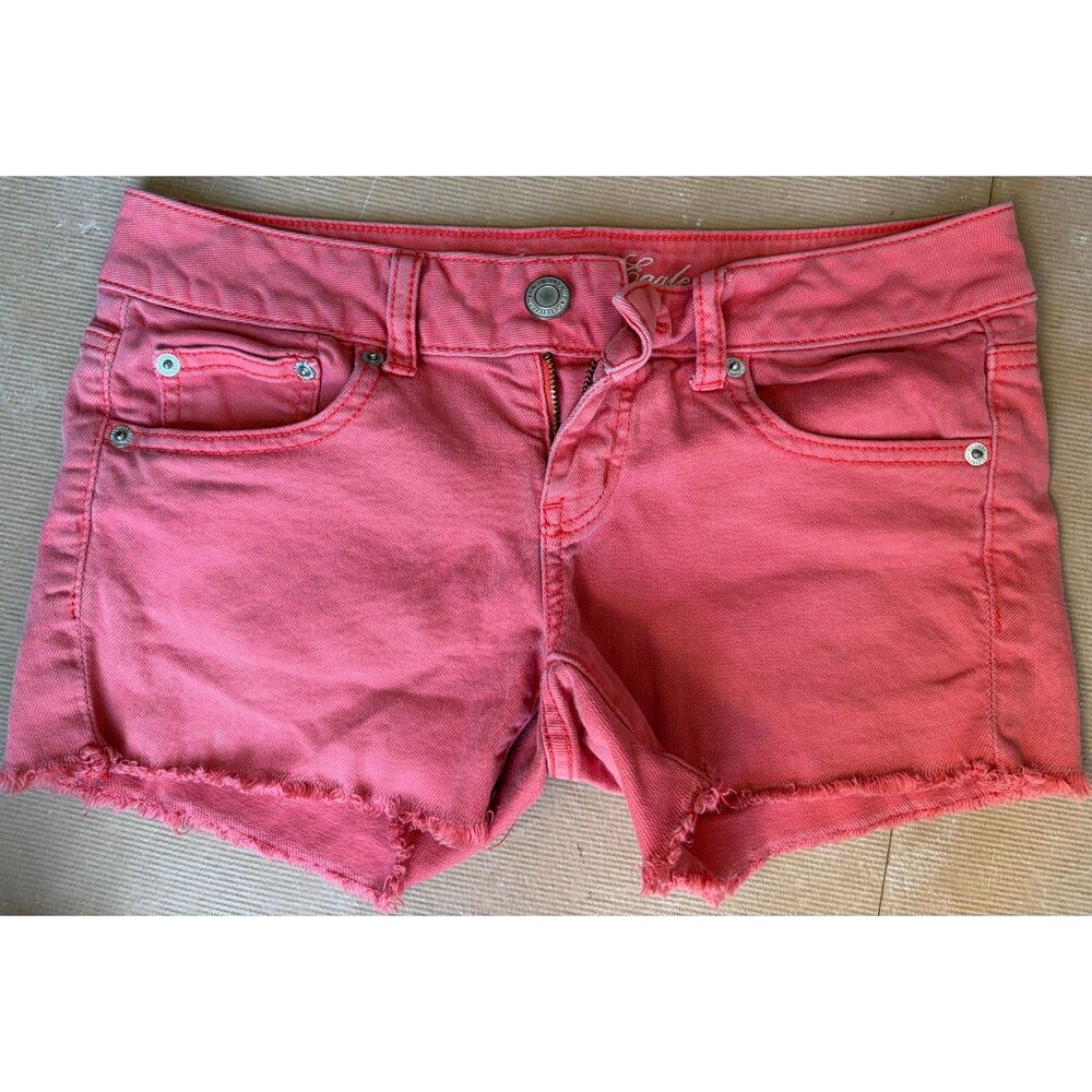 American Eagle Coral Cut Off Y2K Beachy Frayed Distressed Festival Denim Shorts